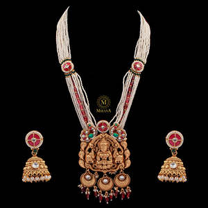 Dhanya Antique Gold Plated Designer Long <b>Necklace</b> <b>Set</b> with Zircon <b>Earrings</b> for <b>Bridal</b> & Festival - Product Image 3