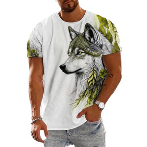 T-shirt à manches courtes pour homme en coton imprimé loup, col rond, coupe classique, motif animal, tissu jersey respirant - Product Image 4