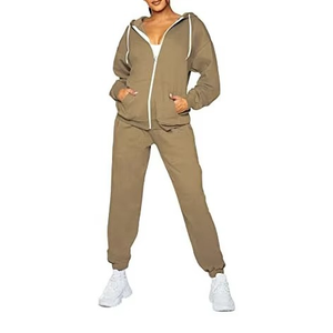 FARMAN TRADERS Damen Khaki Kapuzen-Reißverschluss-Trainingsanzug Set Lässige Einfarbige Jacke Hose Sportbekleidung Outfit Fitness Outdoor-Aktivitäten 100% - Product Image 1