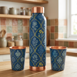 Juego de Botella y Taza de Agua de Cobre con Diseño Floral Azul, Vajilla Portátil para Viajes - Product Image 2