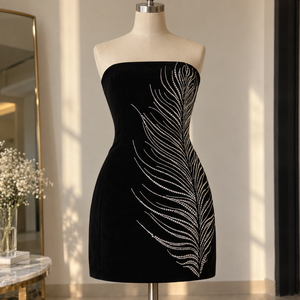 Modern Strapless Velvet Beaded Bodycon <b>Dress</b> with <b>Rhinestone</b> Feather Embellishment Above Knee Length Elegant Evening Gown - Product Image 2