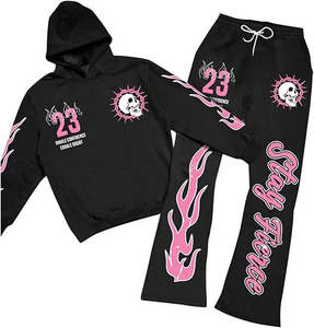 Ensemble de survêtement Y2K pour hommes, rose, avec imprimé flamme, sweat à capuche et pantalon évasé, streetwear, impression en relief, logo personnalisé - Product Image 2