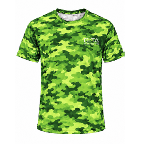 เสื้อยืดลายพรางสีเขียวมะนาวผู้ชายแขนสั้นคอกลมพิมพ์ลายพรางการฝึกอบรมด้านกีฬาฟิตเนสวิ่งชุดกีฬาประสิทธิภาพสูง - Product Image 1