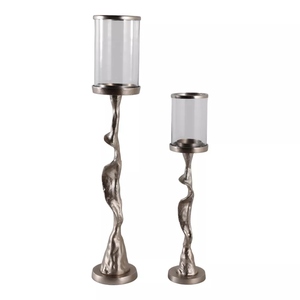 Elegant design Set of 2 cast aluminum and <b>glass</b> hurricane candle holders tall decorative candle stand offer customizations - Product Image 1
