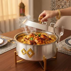 Plat de service de luxe en acier inoxydable pour buffet, chauffe-plats pour mariage, style Moyen-Orient, rond, avec support à tige - Product Image 3