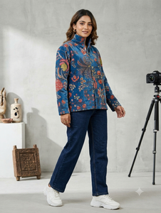 Elegant Floral <b>Velvet</b> Winter Jacket Warm Soft Cotton Lined High Neck Quilted <b>Coat</b> Statement <b>Women</b> Bohemian Outerwear - Product Image 4