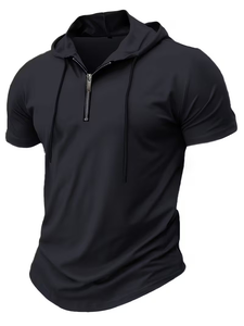 Men's Hooded Henley T-Shirt Short Sleeve Regular Fit Quick Dry Solid Color Casual Pullover Light Blue Jersey Knit Polyester 200g - Product Image 3