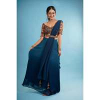 Chemisier Noor bleu en coton brodé et gaufré, dos ouvert, pour mariage, Inde, Pakistan, femme, traditionnel, ethnique, longueur ras du sol, infroissable