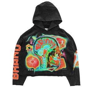 Sweat à capuche court noir délavé pour homme BRAND, style streetwear, avec fermeture éclair, 100 % coton, imprimé numérique, léger, séchage rapide, respirant, idéal pour l'été - Product Image 1