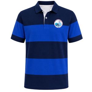 <b>Navy</b> Royal Blue Color Block Striped <b>Polo</b> <b>Shirt</b> Short Sleeve Collared Button Front Casual Sports Golf Teamwear Uniform with Crest - Product Image 1