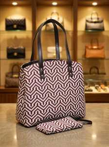 Bolso de mano con patrón geométrico para mujer, tejido, con cierre de cremallera antirrobo, bordado, gran capacidad, bolso de hombro con bolsa - Product Image 2