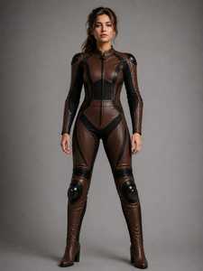 Traje de Motociclismo de Cuero para Mujer, Manga Larga, Color Marrón y Negro, Cortavientos, Protector, para Adultos, Todas las Temporadas - Product Image 1
