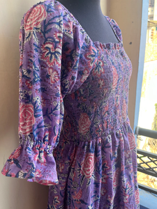 Robe longue maxi imprimée à la main, tunique décontractée en coton indien avec broderie florale, col carré, manches longues, pour femme - Product Image 3