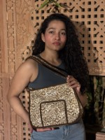 Sac à bandoulière en coton imprimé à la main pour femme, fourre-tout matelassé avec fermeture éclair, motif floral, style japonais vintage, pour voyage, shopping, avec chaînes, été