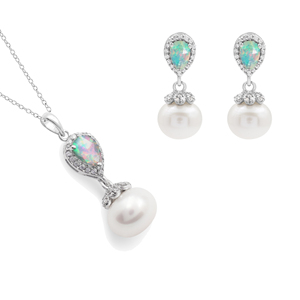 Juego de Collar y Aretes Hechos a Mano en Plata de Ley 925 con Ópalo Etíope Facetado en Forma de Pera y Perla de 10 mm, Chapado en Oro, para Compromiso - Product Image 1