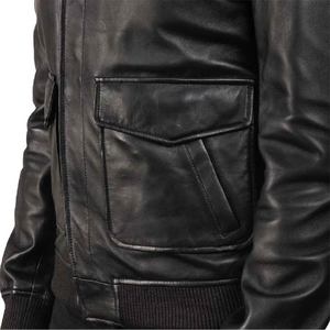 Chaquetas de cuero tipo bomber para hombre, de piel de oveja auténtica, con cierre de cremallera y solapa con botones, estilo cuello camisero, premium. - Product Image 5
