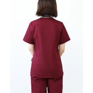 Ensemble de blouses médicales pour femmes, couleur bordeaux, col en V, manches courtes, pantalon uniforme, vêtements d'hôpital, coton et polyester tissé - Product Image 4