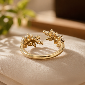 14K Plated Yellow Gold Wedding <b>Ring</b> Moissanite Open Band <b>Ring</b> Leaf Design <b>Adjustable</b> Women Engagement Jewelry - Product Image 3