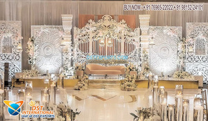 Mariage royal Haveli Look scène Mandap mariage ouvert Bollywood scène décoration Design exclusif blanc doré scène pour réception - Product Image 2