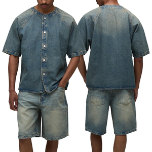 Conjunto de camiseta y pantalones cortos de mezclilla para hombre, estilo vintage, informal, de dos piezas, estilo streetwear de verano, cuello redondo, color sólido - Product Image 1