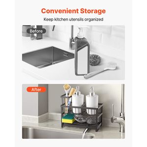 "2-Tier <b>Kitchen</b> Sink Caddy Organizer with High Brush Holder & Divider <b>for</b> Sponge <b>Storage</b>" - Product Image 3