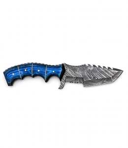 Cuchillo utilitario artesanal de acero de Damasco con mango de madera Pakkawood azul y espiga de sierra, herramienta de campo - Product Image 4