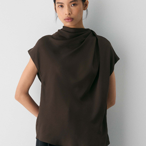 Chemisier élégant en polyester à col drapé, sans manches, en satin de soie, avec torsion avant professionnelle, pour femme, automne - Product Image 1