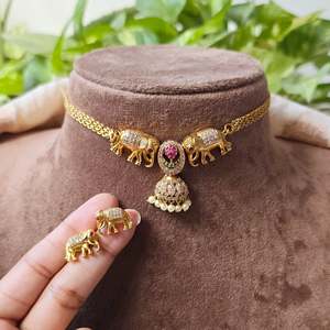 Gold Plated <b>Elephant</b> Pendant Choker <b>Necklace</b> for Wedding Ethnic Style - Product Image 2