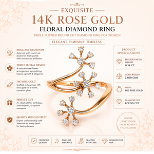 แหวนเพชรรูปดอกไม้ทองคำโรสโกลด์ 14K ที่งดงามอย่างยิ่ง |   แหวนเพชรทรงกลมสามดอกสำหรับผู้หญิง |   ของขวัญเครื่องประดับหรูหราสง่างาม - Product Image 5