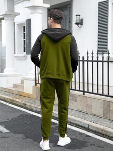Ensemble de survêtement décontracté pour homme, vert olive, à capuche, manches longues, fermeture éclair, couleur unie, respirant, en polyester et coton, collection 2026 - Product Image 4