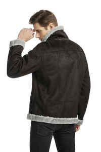 Men Brown <b>Suede</b> Leather <b>Jacket</b> With Faux Fur Lining Zipper Closure Winter Bomber Style Moto Biker Coat - Product Image 5