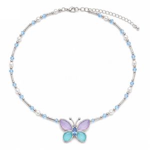 Elegant Brass <b>Choker</b> with Crystal Butterfly, Beaded Pearl Necklace for Women Trendy Summer Jewelry - Product Image 2