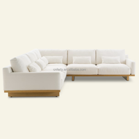 Canapé d'angle FERLY de luxe moderne en forme de L, structure en chêne massif, tissu en lin, garnissage en plumes de duvet, mobilier de salon