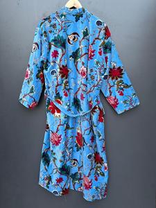 Robe longue à manches longues à imprimé floral, peignoir en tissu doux pour femmes, vêtements de nuit décontractés, style velours bleu - Product Image 3