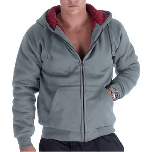 Sweat-shirt à capuche zippé pour homme, couleur unie, polaire, décontracté, coupe classique, 100% coton, respirant, tricoté, manches longues - Product Image 5