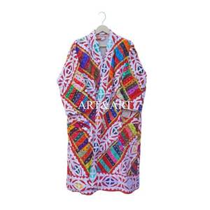 Indian Handmade Bohemian Cotton Cutwork Short <b>Kimono</b> <b>Robe</b> Women Elegant Beachwear Sleepwear V-neck Knee-Length Belt Tie Front - Product Image 3