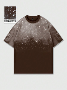 T-shirt Homme Personnalisé 2026 Marron Délavé à l'Acide, Style Punk avec Strass, Col Rond Décontracté, Manches Courtes, Haut d'Été Streetwear - Product Image 2