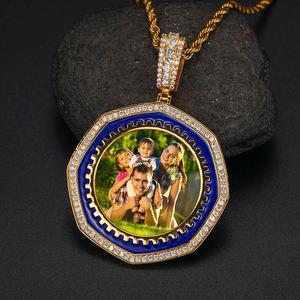 Silver Octagon Photo Pendant Lab Grown Diamond Enamel Border Custom <b>Memory</b> Pendant Necklace <b>Gift</b> - Product Image 4