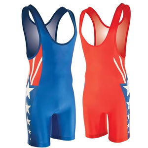 Combinaison de lutte imprimée rouge et bleue pour jeunes et hommes, uniforme de lutte en spandex, combinaison de musculation avec logo d'équipe, combinaison de gym - Product Image 1