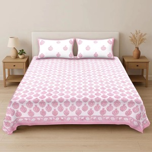 Premium Pink Floral Hand Block Print Cotton Bedsheet Handmade Jaipur Boho Queen <b>King</b> <b>Size</b> Flat <b>Sheet</b> - Product Image 3