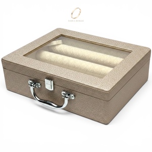 Wholesale Premium Bangle <b>Bracelet</b> Jewelry <b>Box</b> Transparent Lid Portable Carry Handle Design with Hasps Plain PU Leather - Product Image 5