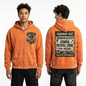 Sudadera con capucha vintage naranja con cremallera para hombre, estilo streetwear con lavado ácido, gráfico de señales de carretera, sudadera con capucha personalizada con cremallera completa, proveedor de chaquetas con capucha. - Product Image 1