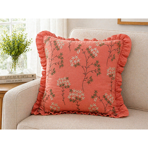 Premium Linen High-End Embroidered Ruffles Square <b>Cushion</b> <b>Cover</b> | Floral Accent Pillow <b>Cover</b> for Hotel & Home Use - Product Image 2