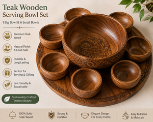 Acacia Wood Carved Polished Salad <b>Bowl</b> <b>Set</b> with 6 Small Serving <b>Bowls</b> Large Wooden Tray Premium Snack <b>Set</b> Wholesale - Product Image 3