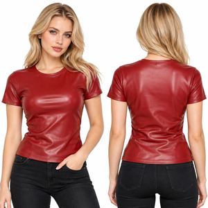 <b>Women's</b> <b>Red</b> Faux Leather <b>T</b>-<b>Shirt</b> Short Sleeve Round Neck Casual PU Leather Tee Tops Ladies Casual Leather <b>T</b> <b>Shirt</b> Streetwear Top - Product Image 1