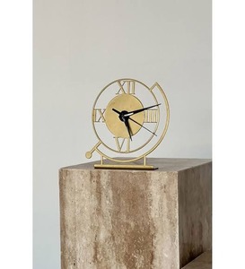Square Wood <b>Desk</b> <b>Clock</b> Minimalist Design Mechanical Movement Needle Display Gold Finish Geometric Shape Hourly Chiming - Product Image 3