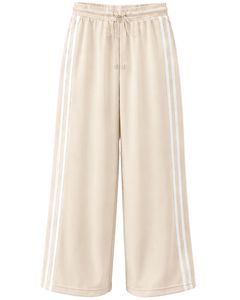 Pantalon de survêtement beige à jambe large pour femme, décontracté, coupe ample, rayé, taille haute, avec cordon de serrage, style streetwear - Product Image 1