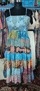 Bohemian <b>Patchwork</b> Silk Saree <b>Skirt</b> Dress for Women Breathable Ankle-Length Adjustable Strap Dress Free Size - Product Image 2