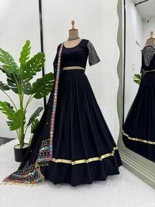 Lehenga Choli noir avec dupatta brodé coloré, robe traditionnelle indienne pour mariage, longueur au sol, en polyester pour femmes - Product Image 3