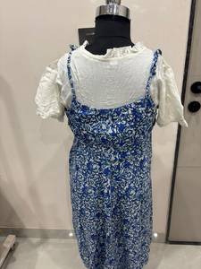 Premium Blue Color Floral Print Pinafore <b>Dress</b> Women's Square Neck Button Front Pocket Short Sleeve Shoulder <b>Straps</b> Long Wear - Product Image 2
